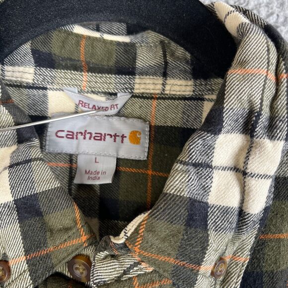 Carhartt Flannel Shirt Men Large Green Plaid Relaxed Button Workwear SPOTS PAINT - Picture 8 of 16